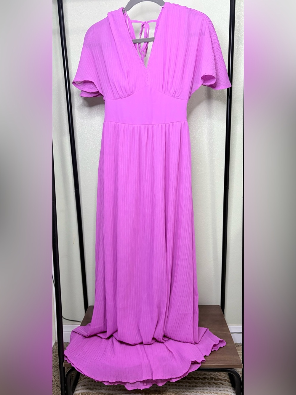 EUC Japna Bright Pink Flutter Sleeve Crinkle Chiffon Smocked Maxi Dress Size XS